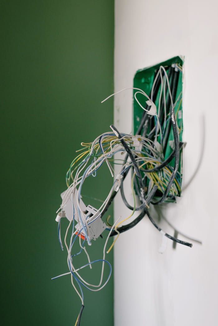 Services Opened power socket with various wires on white wall during repair at home